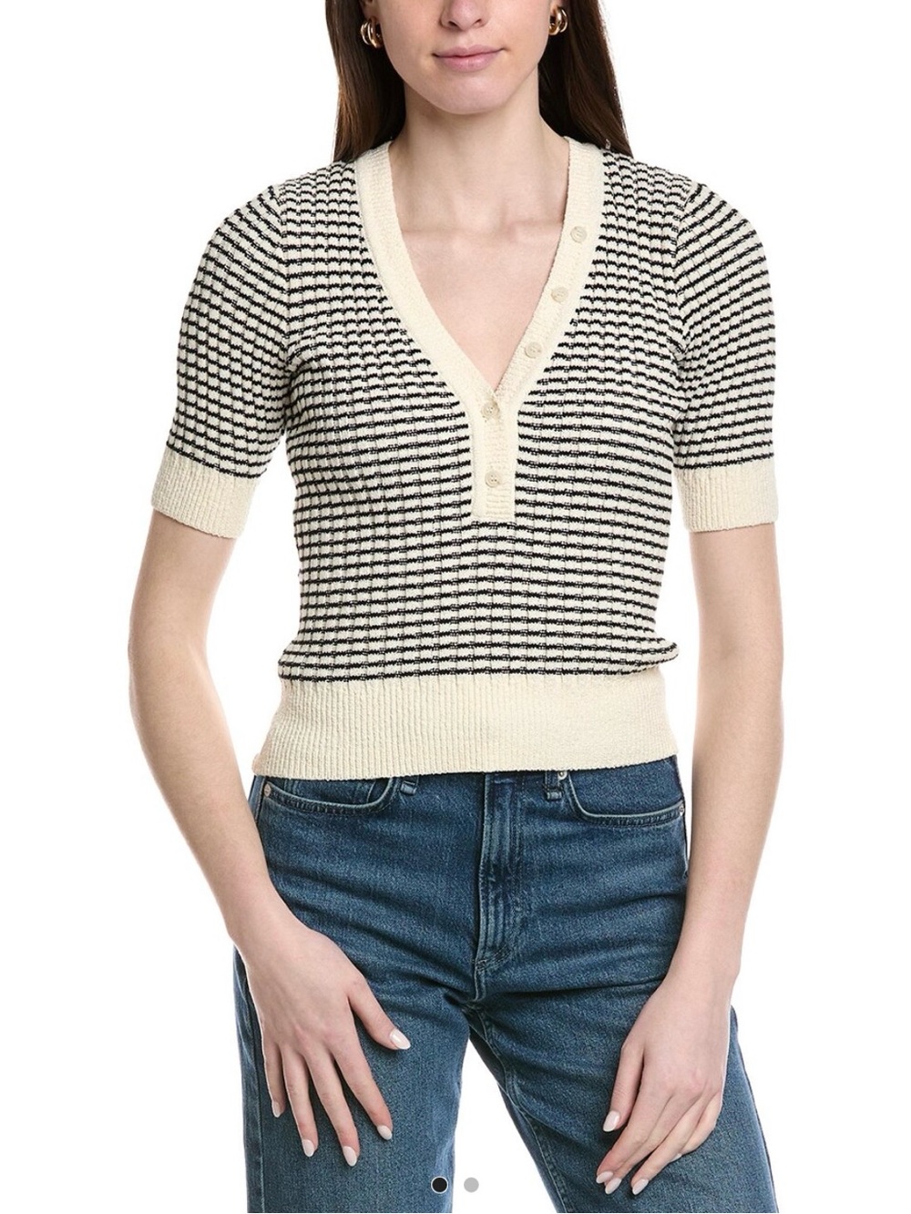 Frame Cream and Black Striped V‑Neck Short Sleeve Sweater size medium